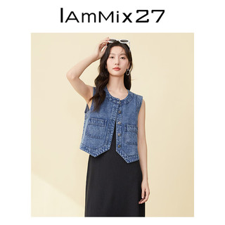 Iammix27复古牛仔马甲女春夏时尚百搭水洗磨白圆领牛仔棉无袖马夹 牛仔深蓝 M