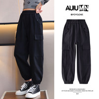 优优1点（Yoyo one）女童工装裤春秋2024儿童粉色纯棉裤子大童运动长裤炸街休闲裤 黑色 130cm