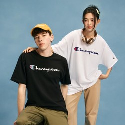 Champion 休闲街头男女同款胶印草写logo短袖T恤