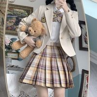 拉曼咔日系学院风JK西装外套秋冬原创制服女校供感西服套装全套 杏色一粒扣+长袖白衬衫+山吹+领 S【80~90斤】