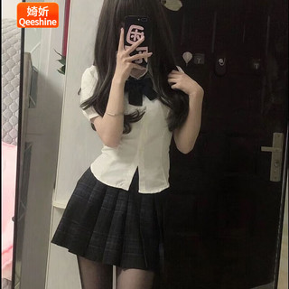 婍妡日系jk制服收腰衬衫上衣女短袖学院风泡泡袖白色衬衣jk套装 收腰衬衫+领结+碳灰格 套装 L