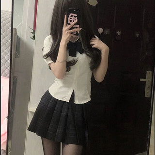 婍妡日系jk制服收腰衬衫上衣女短袖学院风泡泡袖白色衬衣jk套装 收腰衬衫+领结+碳灰格 套装 L