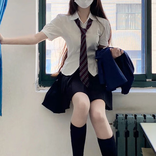 婍妡日系jk制服收腰衬衫上衣女短袖学院风泡泡袖白色衬衣jk套装 收腰衬衫+领结+碳灰格 套装 L