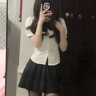 婍妡日系jk制服收腰衬衫上衣女短袖学院风泡泡袖白色衬衣jk套装 收腰衬衫+领结+碳灰格 套装 L