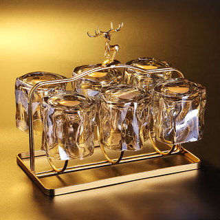 MIDOC高级感北欧风玻璃家用啤酒杯杯创意威士忌玻璃杯待客杯子套装 烟灰色6只+麋鹿杯架