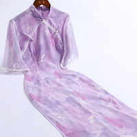 戚薇改良紫色旗袍夏季2024年轻款少女日常可穿新中式连衣裙 紫色 M