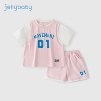 JELLYBABY儿童篮球服男宝夏装短袖排汗两件套衣服女童运动套装 粉色 100cm