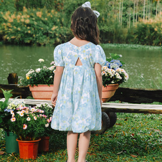 迷你巴拉女童宝宝儿童裙子夏季亲肤纯棉泡泡袖甜美连衣裙 蓝白色调00381 110cm