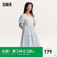 森马（Semir）连衣裙女温柔系木耳边方领2024夏季泡泡袖娃娃裙甜美可爱 冰蓝80900 160/84A/M