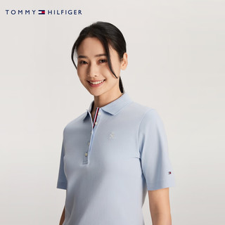 TOMMY HILFIGER【简约净色】24春夏女纯棉双面针织刺绣五粒扣短袖POLO41886 淡蓝色C1O XS