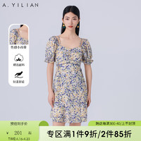 阿依莲（A.YILIAN）碎花收腰连衣裙女2024夏季复古可盐可甜气质显瘦茶歇裙 雾蓝紫 M