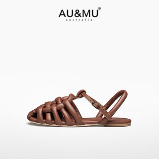 AU&MU2024春夏女士罗马凉鞋平底镂空织包头皮鞋柔软舒适凉拖鞋 G969棕褐色 39