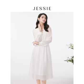 JESSIE系带木耳边领精致绣花长袖纯色连衣裙2024春新 白色 S