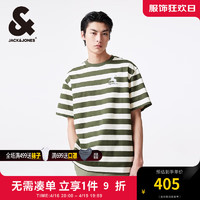 杰克·琼斯（JACK&JONES）夏简约条纹撞色休闲宽松舒适百搭潮流纯棉短袖T恤男装224201071 E05 橄榄绿 常规 170/92A/S