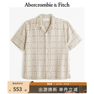 Abercrombie & Fitch 男装 24春夏古巴领亚麻混纺刺绣短袖衬衫 355542-1 奶油色图案 XS (170/84A)