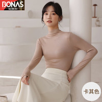 BONAS 宝娜斯 2023新款牛奶丝半高领打底衫女长袖t恤春秋冬内搭洋气上衣打底衣 杏色 均码