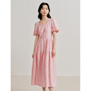 茵曼（INMAN）莱赛尔连衣裙2024夏季女装蝴蝶结绑带镂空方领纯色长裙 粉色 XL