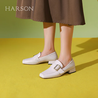 哈森2024春季时尚女鞋舒适粗跟乐福鞋通勤百搭女单鞋HWS240158 米白色 38