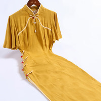 戚薇旗袍2024年新改良款新中式气质高端百搭日常可穿中长款连衣裙 黄色 S