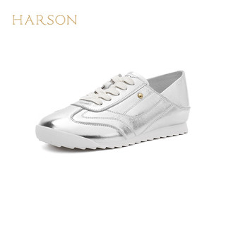 哈森2024春真皮小白鞋平底舒适女休闲鞋简约女鞋HWC240123 银色 40