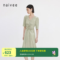 纳薇（naivee）naivee纳薇24夏新中式大理石岩纹提花抽褶收腰泡泡袖连衣裙 蜜瓜绿 160/84A/M