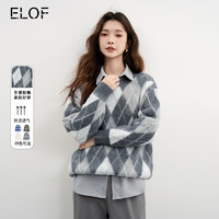 ELOF 设计感小众慵懒风菱格毛衣女2024新绵羊毛外套宽松遮臀针织衫
