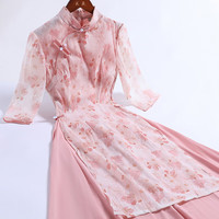 戚薇奥黛旗袍2024新中式改良年轻款少女高端气质连衣裙粉色小清新   粉色 155/80A(S)