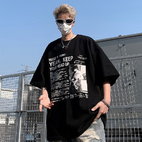 沂伦赫欧美hiphop高街短袖T恤男夏季美式西海岸潮牌街头高级感半袖体恤 黑色 M