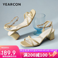 YEARCON 意尔康 凉鞋女交叉一字带女鞋闪亮钻带粗跟高跟鞋 26436W 黄色 38