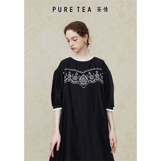 茶·愫【霜花刺绣】puretea茶愫裁片绣花连衣裙女泡泡袖2024年夏季 石墨黑 S