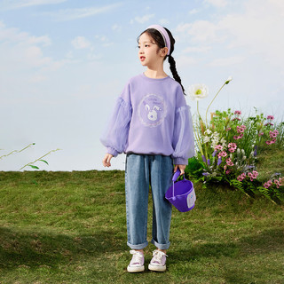 茵曼（INMAN）女童卫衣2024春装中大时尚网纱袖上衣甜美印花童装潮 紫色 160cm