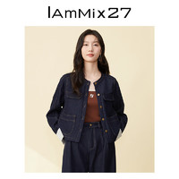 Iammix27春季圆领牛仔外套女短款简约休闲百搭复古原牛夹克上衣女 牛仔深蓝 S