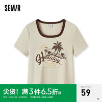 森马（Semir）短袖T恤女短款印花美式复古2024夏季撞色U领修身衣服辣妹 卡其50601 165/88A/L