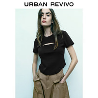 URBAN REVIVO 女士镂空修身圆领显瘦T恤衫 UWJ440038 （L、黑色 )