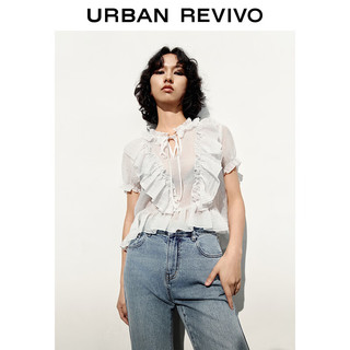 URBAN REVIVO 女士甜美浪漫荷叶边绑带短袖罩衫衬衫 UWL240026 象牙白 L