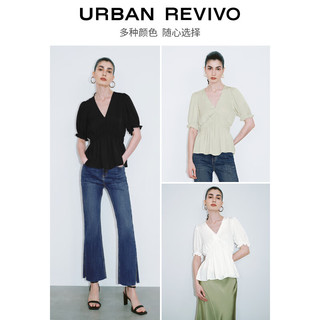 URBAN REVIVO 女士法式气质泡泡袖捏褶V领衬衫 UWG240100 本白 XS