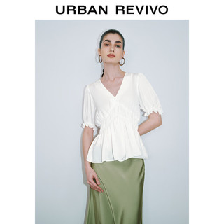 URBAN REVIVO 女士法式气质泡泡袖捏褶V领衬衫 UWG240100 本白 XS