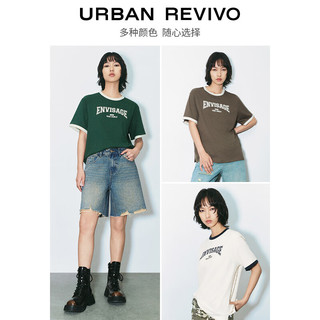 URBAN REVIVO UR2024夏季女装潮流拼接撞色印花棉质圆领短袖T恤UWV440116 墨绿 XS