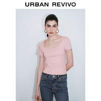 URBAN REVIVO 女士休闲简约纯色正肩U领短袖T恤 UWG440082 浅粉色 M