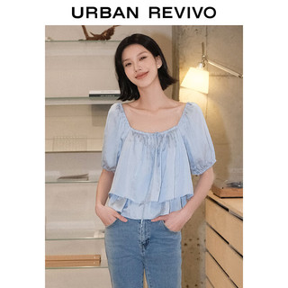 URBAN REVIVO 女士温柔气质系带灯笼袖短款罩衫衬衫 UWG240085 浅蓝 S