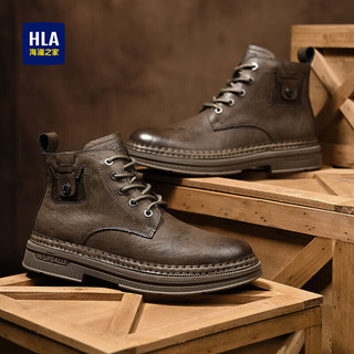 海澜之家HLA马丁靴男士耐磨高帮复古休闲工装户外靴HAAGZM4CFE561 棕色38