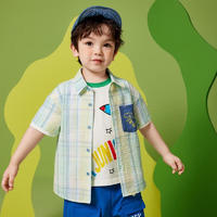 森林与孩子男童短袖衬衫2024春小童时尚恐龙休闲格子衬衫外套 黄绿色 110