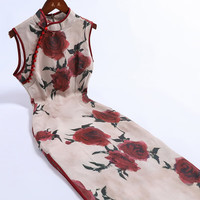 戚薇改良红色旗袍2024夏季女年轻款高级感花朵气质高端连衣裙   红色 S