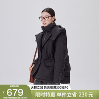 ERAL 艾莱依 羽绒服女2023款短款假两件西装领可脱卸连帽鸭绒外套冬 炭黑165