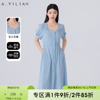 阿依莲（A.YILIAN）气质优雅连衣裙女2024夏季方领纯色短袖通勤收腰中长裙 浅蓝 M