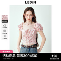 LEDIN 乐町 复古甜美感碎花泡泡袖设计系带T恤2024夏季新款修身短袖上衣