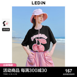 LEDIN 乐町 甜美少女感字母樱桃印花T恤女2024夏季新款宽松oversize短袖