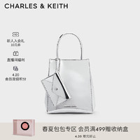 CHARLES&KEITH24夏纯色褶皱磁吸手提斜挎托特包女CK2-30782347 Silver银色 S