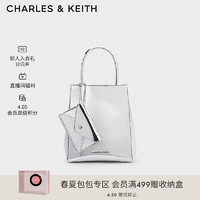 CHARLES & KEITH CHARLES&KEITH24;夏纯色褶皱磁吸手提斜挎托特包女 Silver银色 S