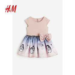 H&M 春季新款童装女婴蝴蝶结装饰印花连衣裙1194439 灰粉色/企鹅 80/48